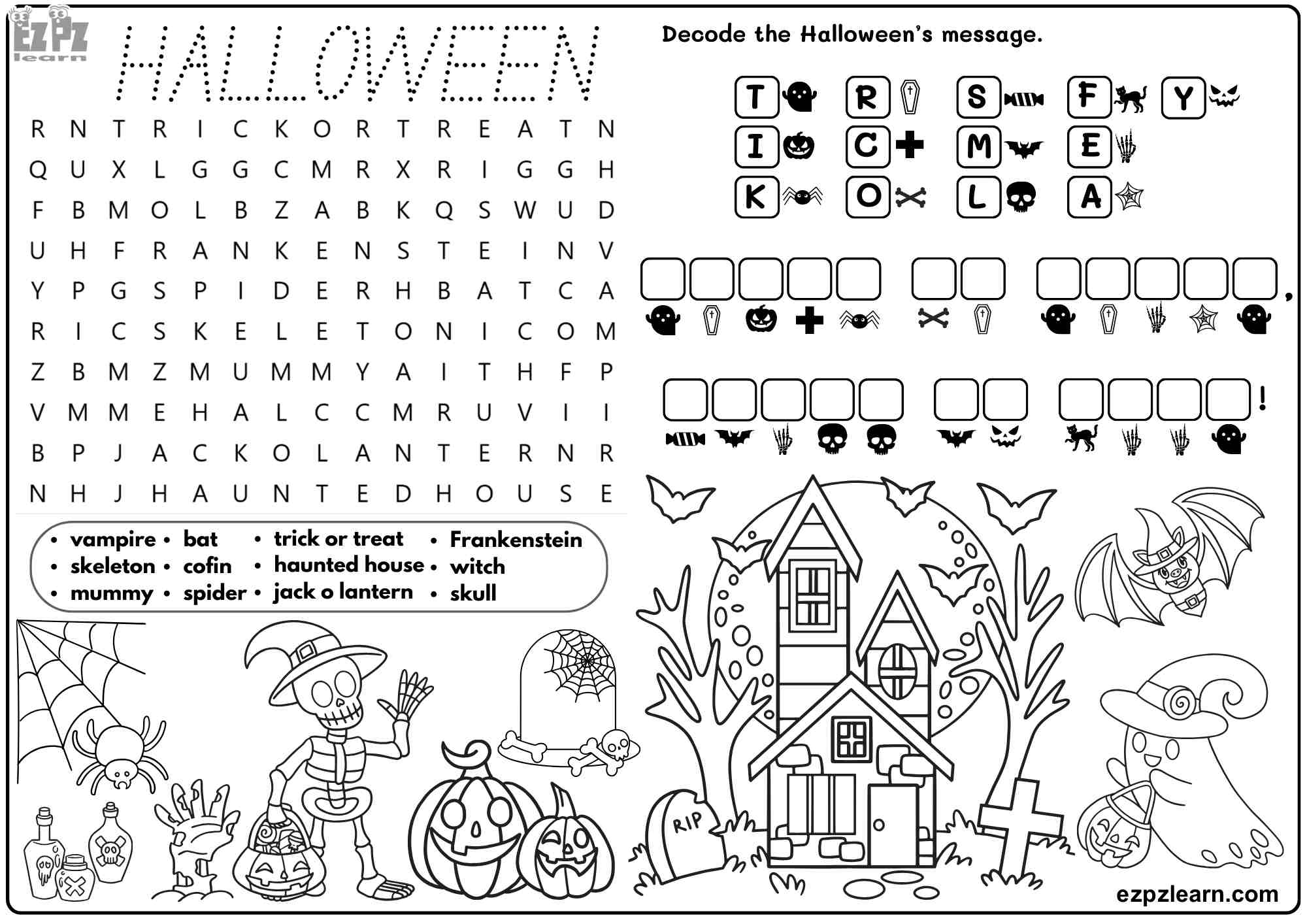 Halloween Vocabulary For Kids. Includes Word Search, Coloring and